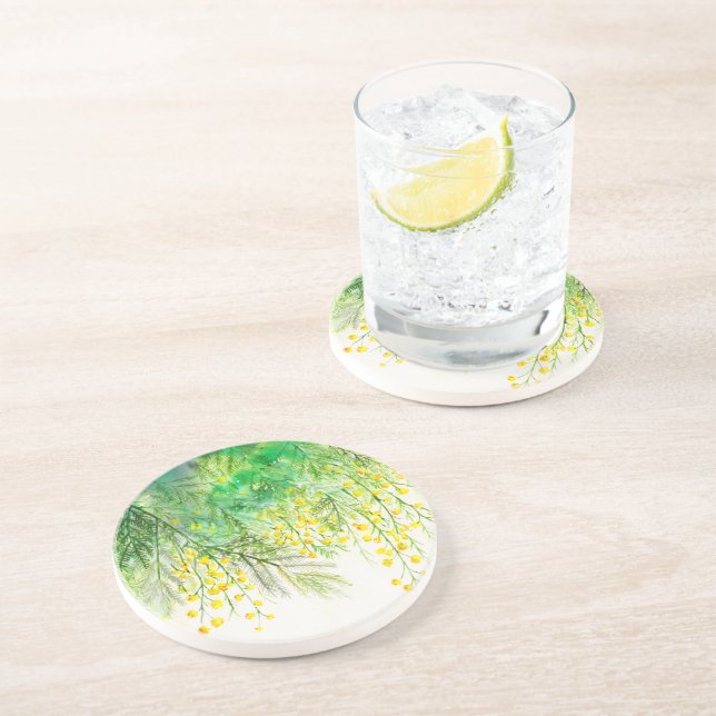 Bright Yellow Mimosa Watercolor Flower Painting Coaster (Side)
