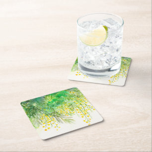 Bright Yellow Mimosa Watercolor Flower Painting Square Paper Coaster