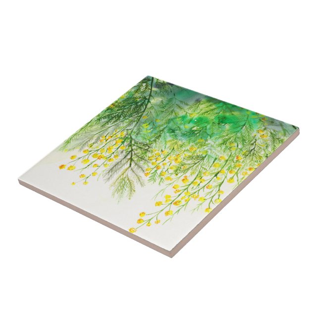 Bright Yellow Mimosa Watercolor Flower Painting Tile (Side)