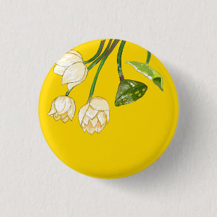 Bright Yellow Modern Lotus Flowers & Seedpod 1 Inch Round Button