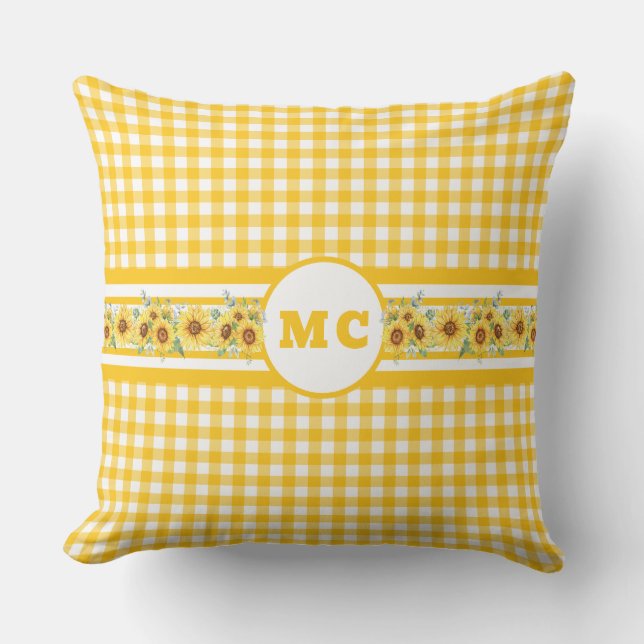 Bright Yellow Monogram Gingham Plaid Sunflower Outdoor Pillow (Front)