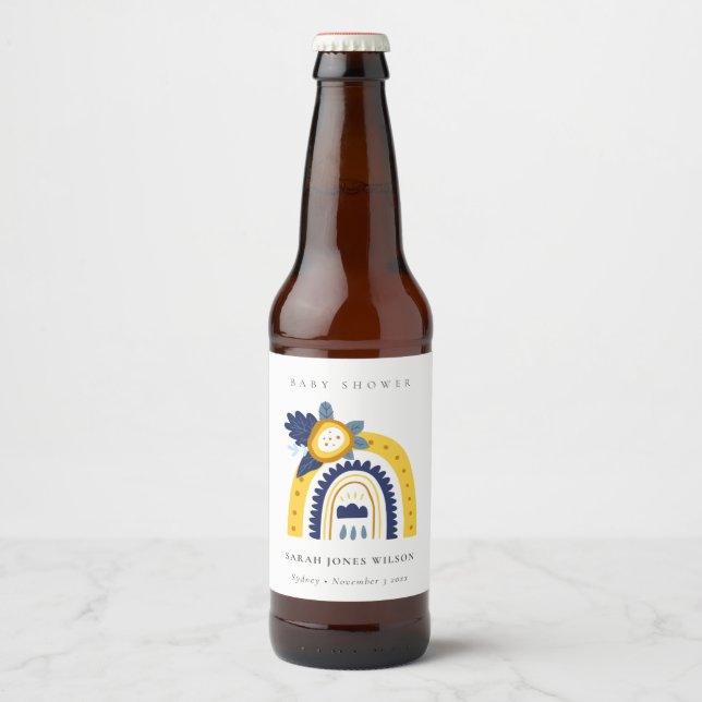 Bright Yellow Navy Boho Floral Rainbow Baby Shower Beer Bottle Label (Front)