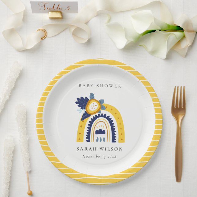 Bright Yellow Navy Boho Floral Rainbow Baby Shower Paper Plate (Wedding)