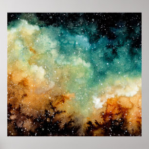 Bright yellow nebula, watercolor dark sky. poster