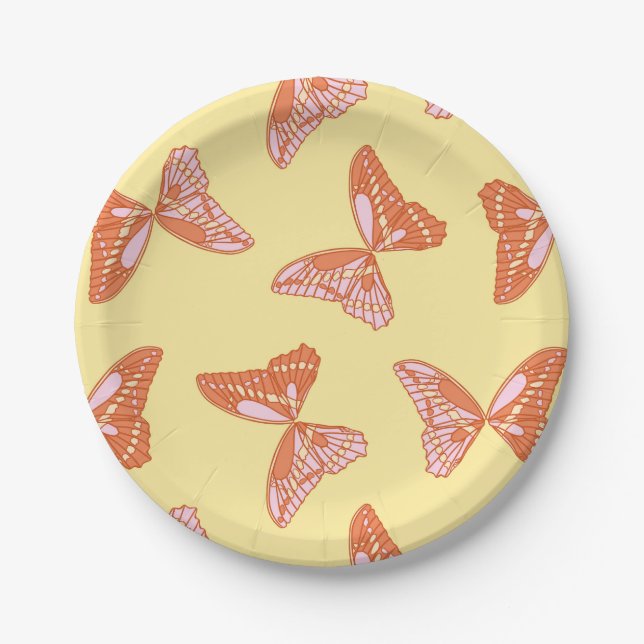 Bright Yellow, Orange and Pink Butterflies Paper Plate (Front)