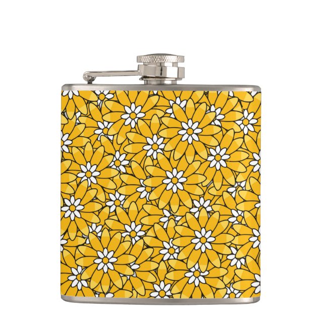 Bright Yellow Overlapping Floral Pattern Hip Flask (Front)