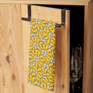 Bright Yellow Overlapping Floral Pattern Kitchen Towel