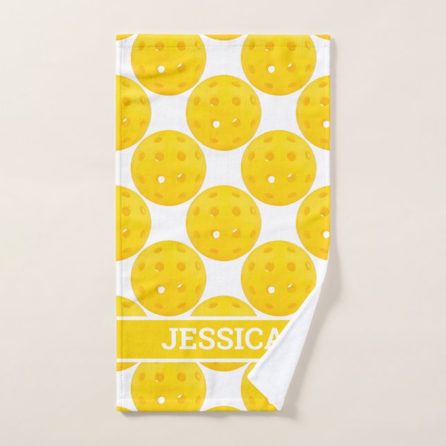 Bright yellow Pickleballs with custom text Hand Towel (Hand Towel)