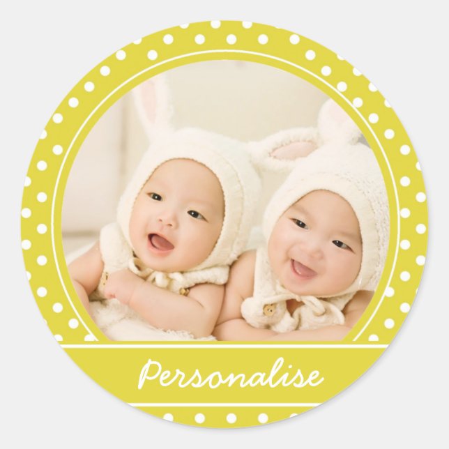 Bright Yellow Polka Dot Custom Photo and Name Classic Round Sticker (Front)