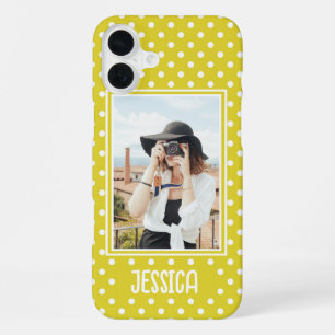 Bright Yellow Polka Dot Custom Photo and Name iPhone 16 Plus Case