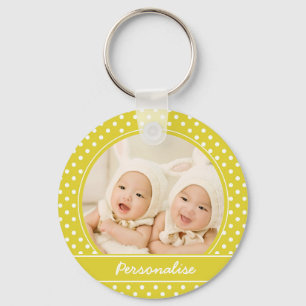 Bright Yellow Polka Dot Custom Photo and Name Keychain