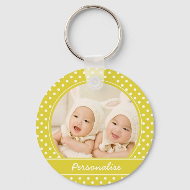 Bright Yellow Polka Dot Custom Photo and Name Keychain (Front)
