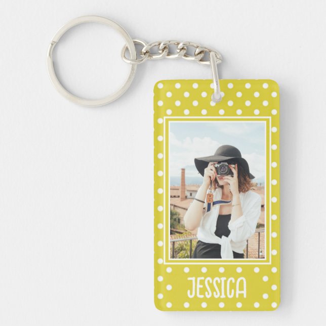 Bright Yellow Polka Dot Custom Photo and Name Keychain (Front)