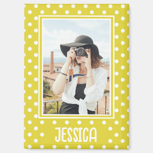 Bright Yellow Polka Dot Custom Photo and Name Magnet