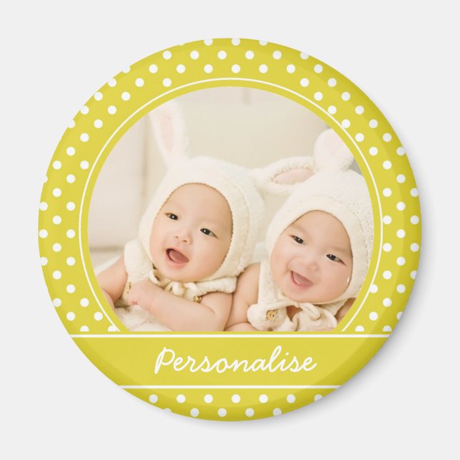 Bright Yellow Polka Dot Custom Photo and Name Magnet (Front)
