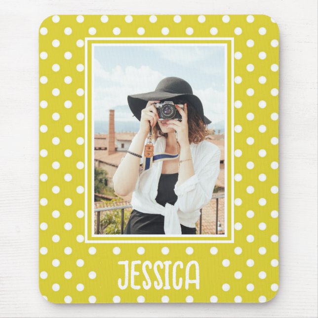 Bright Yellow Polka Dot Custom Photo and Name Mouse Pad (Front)
