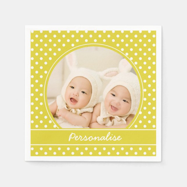 Bright Yellow Polka Dot Custom Photo and Name Napkin (Front)