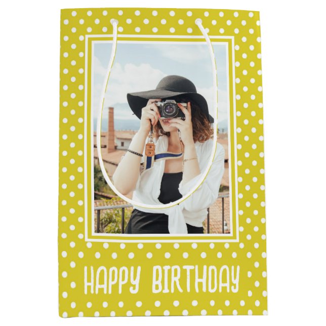 Bright Yellow Polka Dot Custom Photo Birthday Medium Gift Bag (Front)