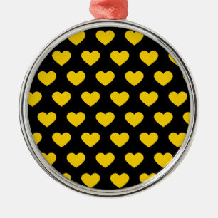 Bright Yellow Polka Dot Hearts (Black Background) Metal Ornament