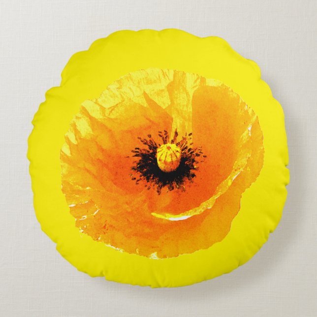 Bright Yellow Poppy Flower Floral Abstract Wedding Round Pillow (Front)