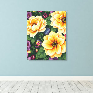 Bright Yellow & Purple Flowers Colourful Floral Canvas Print