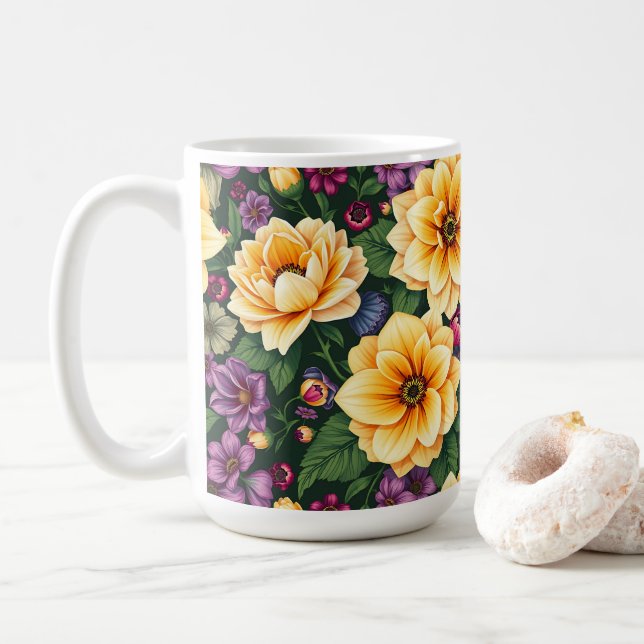 Bright Yellow & Purple Flowers Colourful Floral Coffee Mug (With Donut)