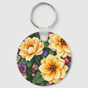 Bright Yellow & Purple Flowers Colourful Floral Keychain