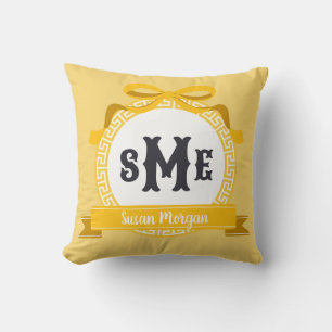 Bright Yellow Reverse Greek Key Bow Monogram Throw Pillow