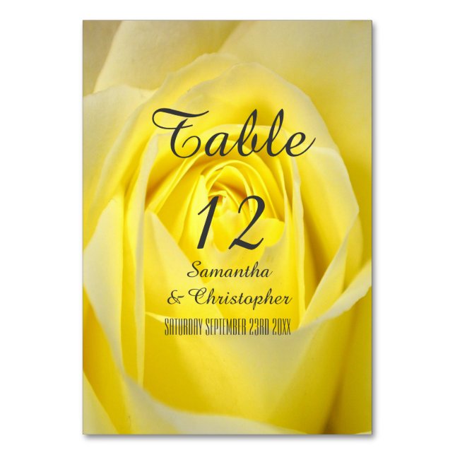 Bright yellow rose flower floral wedding table number (Front)