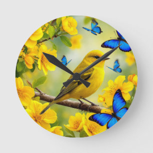 Bright Yellow Songbird Perched on a Branch Round Clock