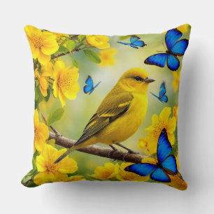 Bright Yellow Songbird Perched on a Branch Throw Pillow