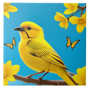 Bright Yellow Songbird Perched on a Branch Tile
