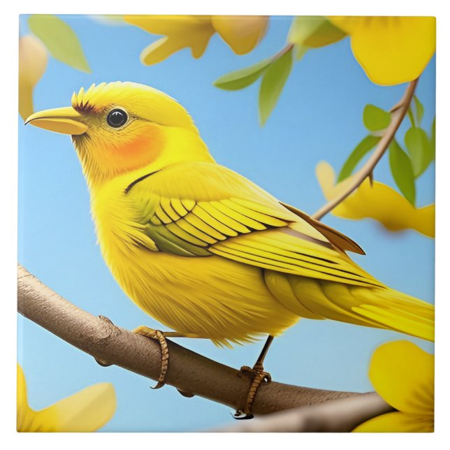 Bright Yellow Songbird Perched on a Branch Tile (Front)