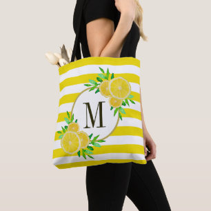 Bright Yellow Stripes Lemon Citrus Fruit Monogram Tote Bag