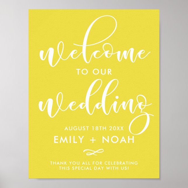 Bright Yellow Stylish Script Welcome Wedding Sign (Front)