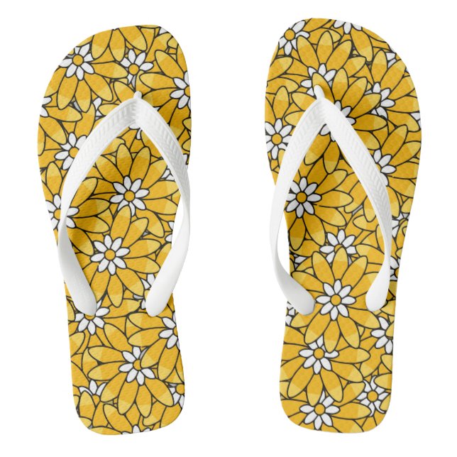 Bright Yellow Summer Floral Pattern Flip Flops (Footbed)