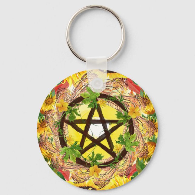 Bright Yellow Summer Solstice Sunflower Pentacle Keychain (Front)