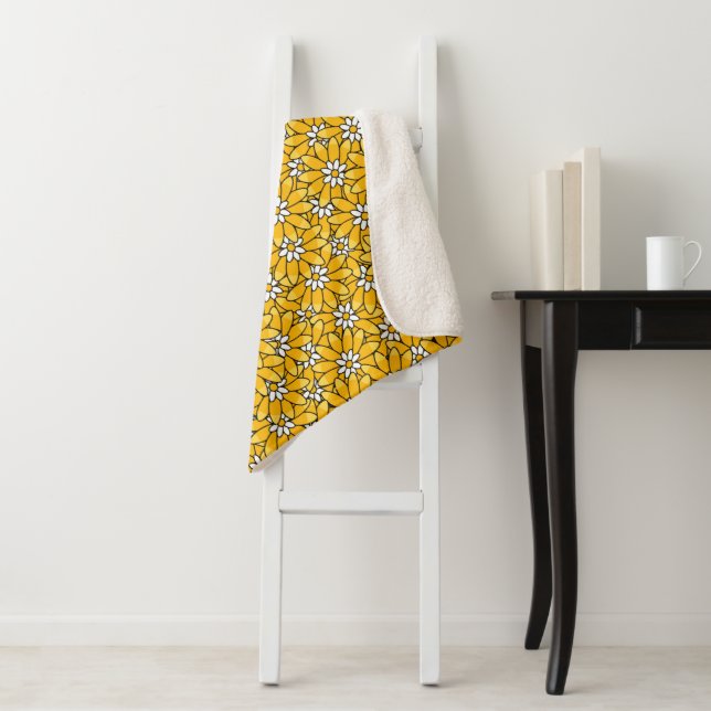 Bright Yellow Summery Flower Pattern Sherpa Blanket (In Situ)