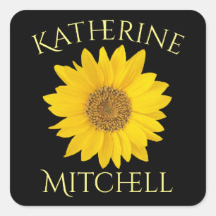Bright Yellow Sunflower Custom Name Black Square Sticker