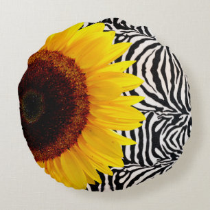 Bright Yellow Sunflower on Zebra Print Stripes Round Pillow