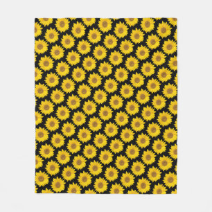 Bright Yellow Sunflowers on Black Background Fleece Blanket