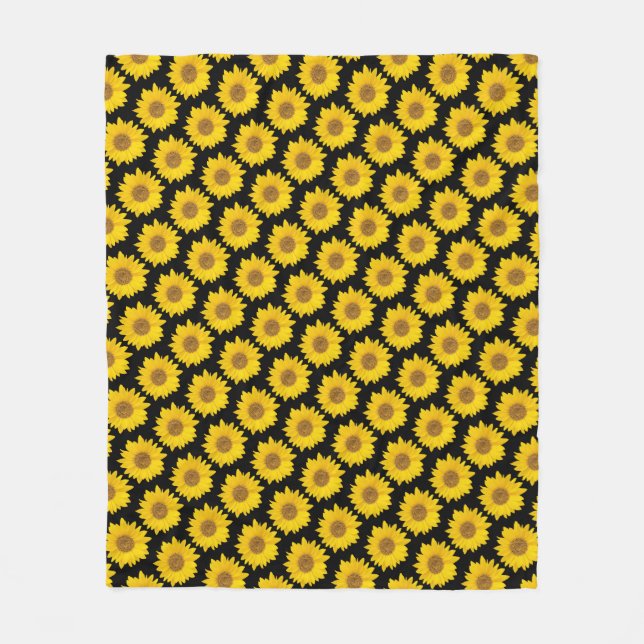 Bright Yellow Sunflowers on Black Background Fleece Blanket (Front)