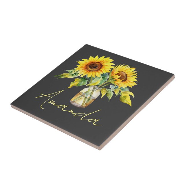 Bright Yellow Sunflowers On Black Minimalist Name Tile (Side)