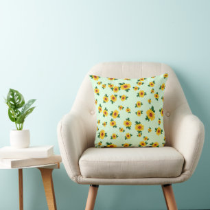 Bright Yellow Sunflowers on Soft Green Throw Pillow