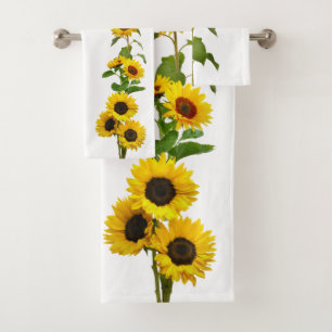 Bright Yellow Sunflowers on White Bath Towel Set
