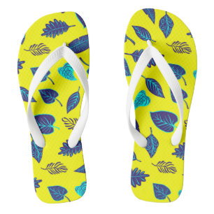 Bright Yellow Tropical Leaf Pattern Flip Flops