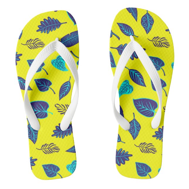 Bright Yellow Tropical Leaf Pattern Flip Flops (Footbed)