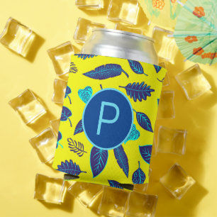 Bright Yellow Tropical Leaf Pattern Monogram Can Cooler