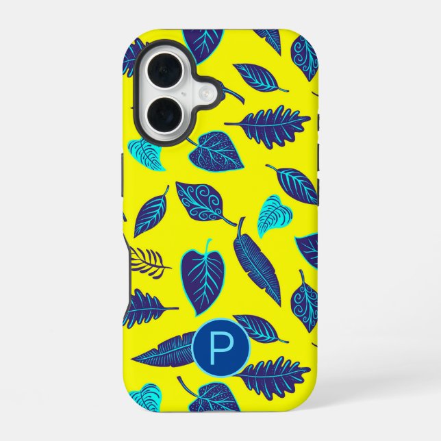 Bright Yellow Tropical Leaf Pattern Monogram iPhone 16 Case (Back)