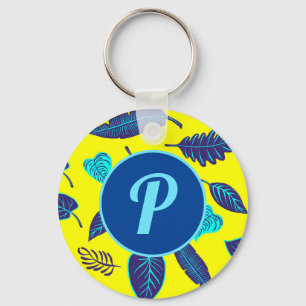 Bright Yellow Tropical Leaf Pattern Monogram Keychain